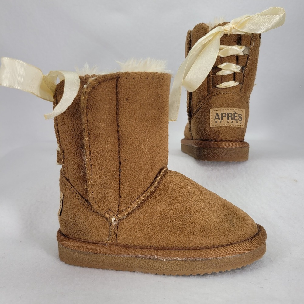 APRES Boots Toddlers 7C Brown Lamo Chestnut Shearling Snowboot Lace Bow Winter